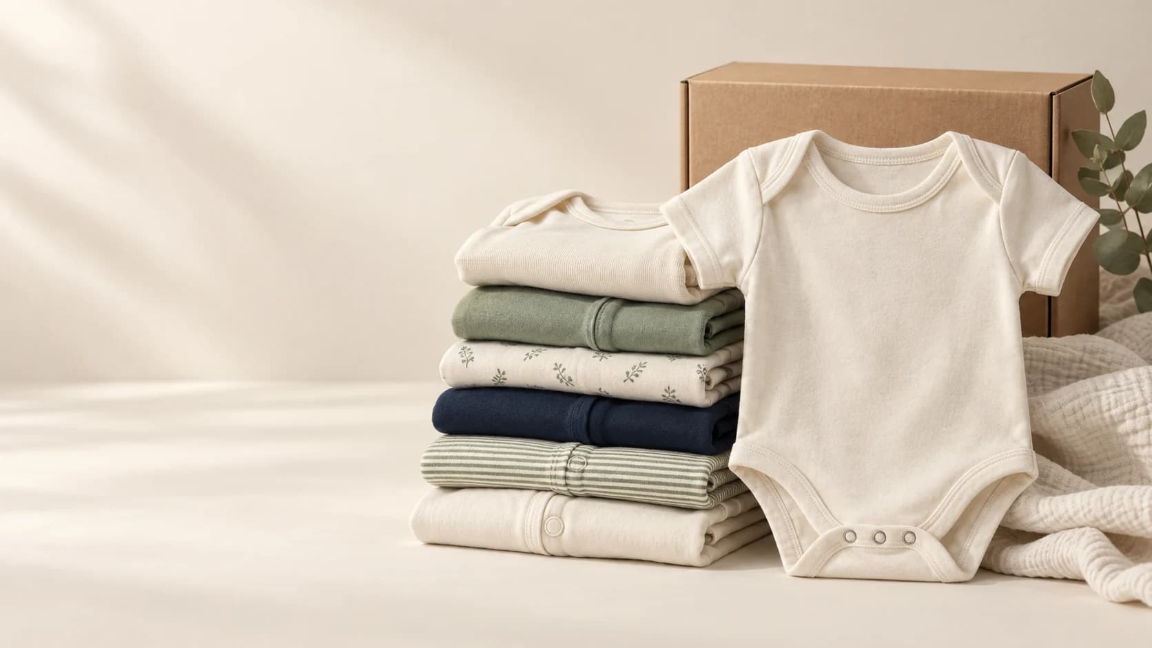 Illustrative baby-apparel still life in cotton, sage and navy